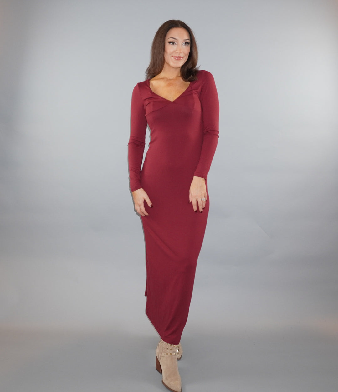 Bordeaux Deep-V Maxi Dress