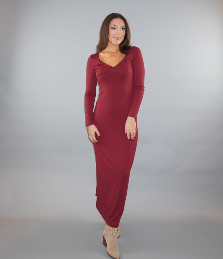 Bordeaux Deep-V Maxi Dress