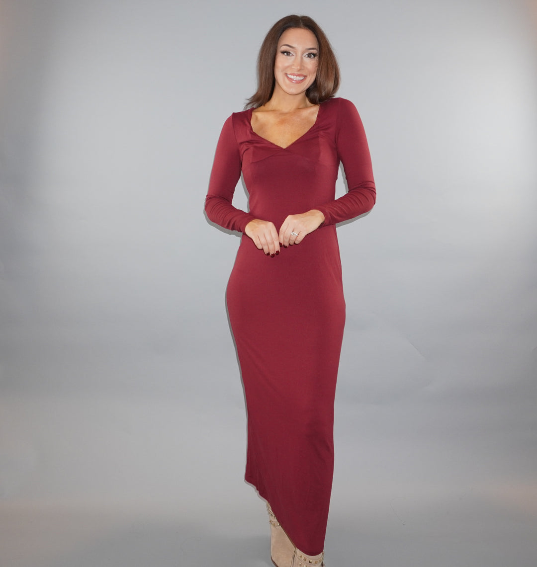 Bordeaux Deep-V Maxi Dress