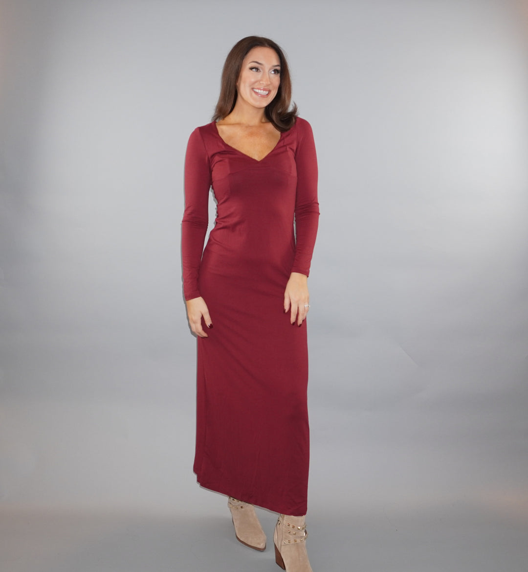 Bordeaux Deep-V Maxi Dress