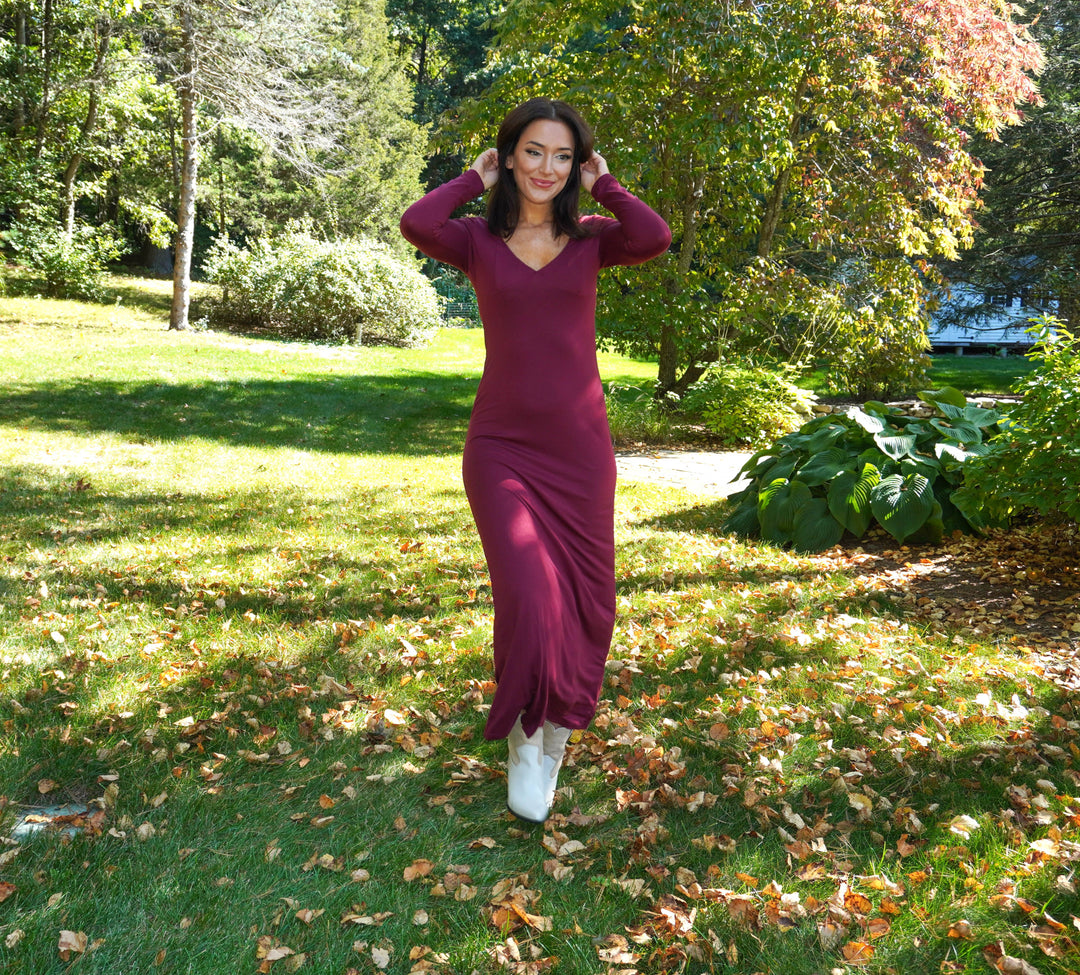 Bordeaux Deep-V Maxi Dress
