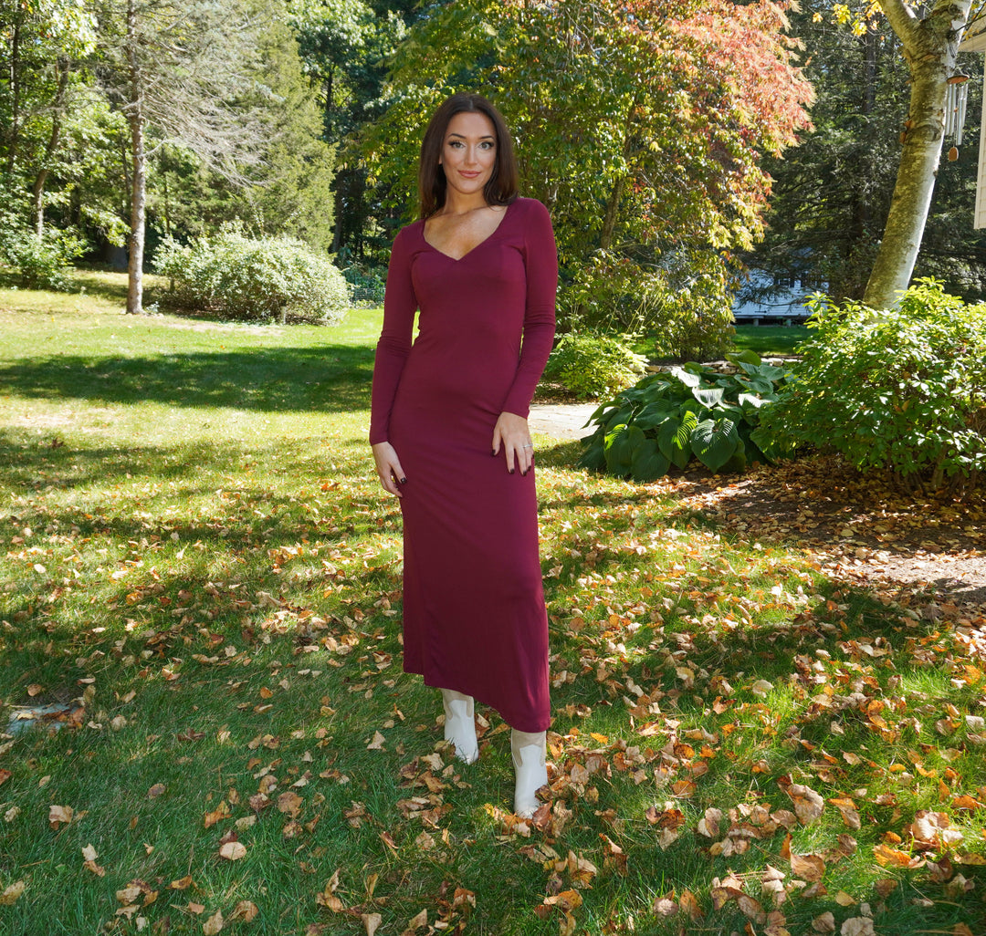 Bordeaux Deep-V Maxi Dress