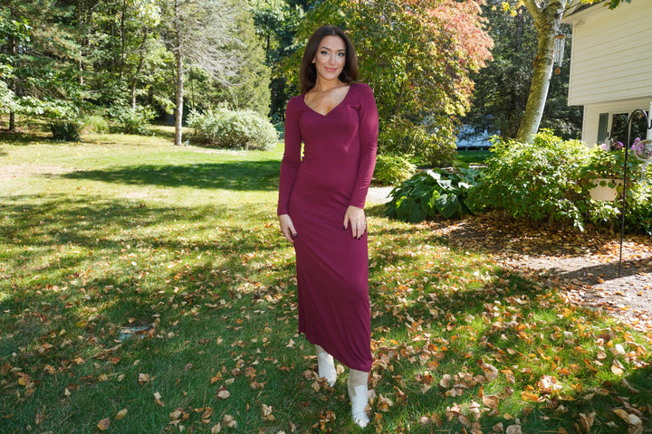 Bordeaux Deep-V Maxi Dress