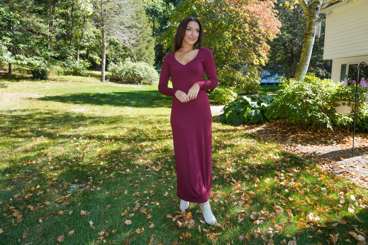 Bordeaux Deep-V Maxi Dress